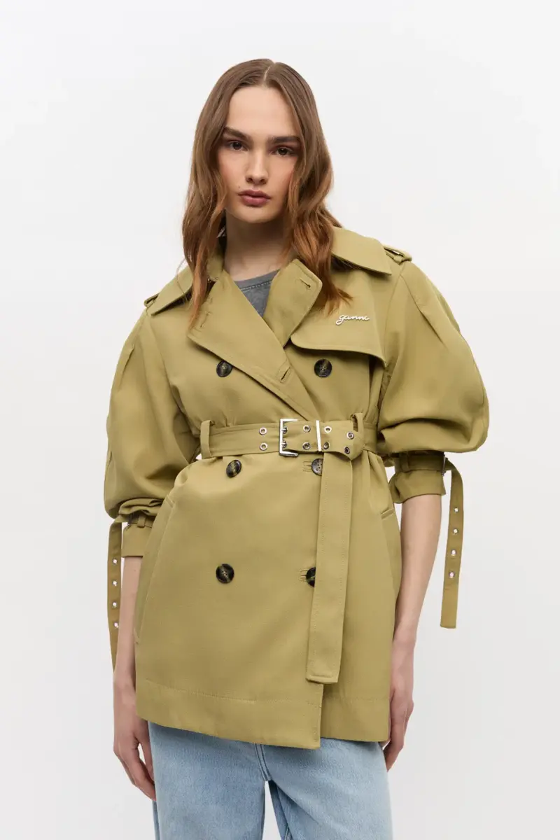 Beige tung twill midi-trenchcoat