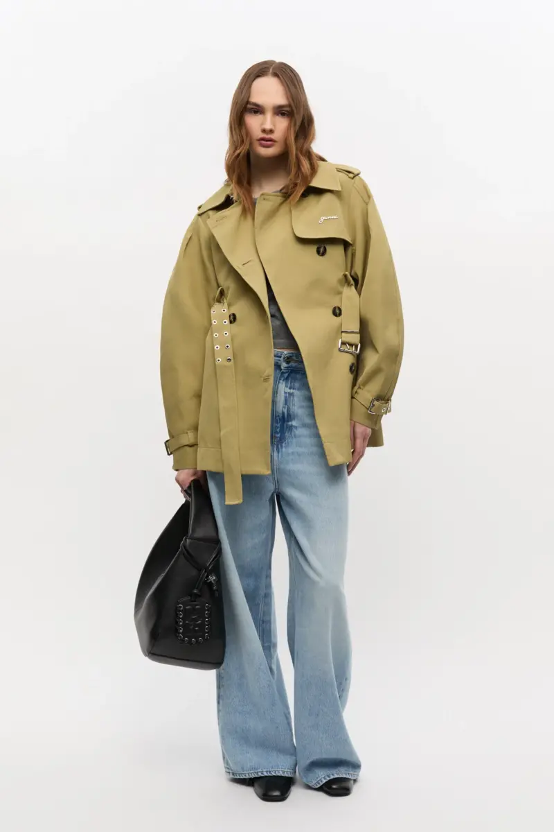 Beige tung twill midi-trenchcoat