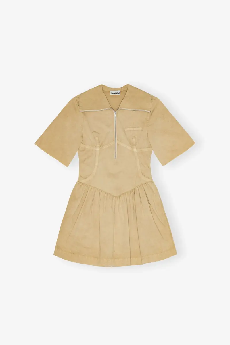 Beige tvättad stretchbomullsklänning