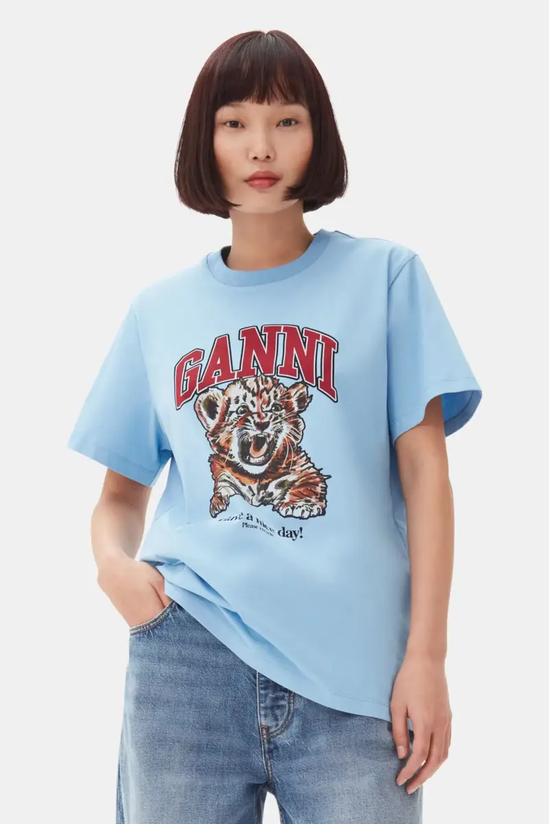 Blå avslappnad jersey-T-shirt med tigermönster
