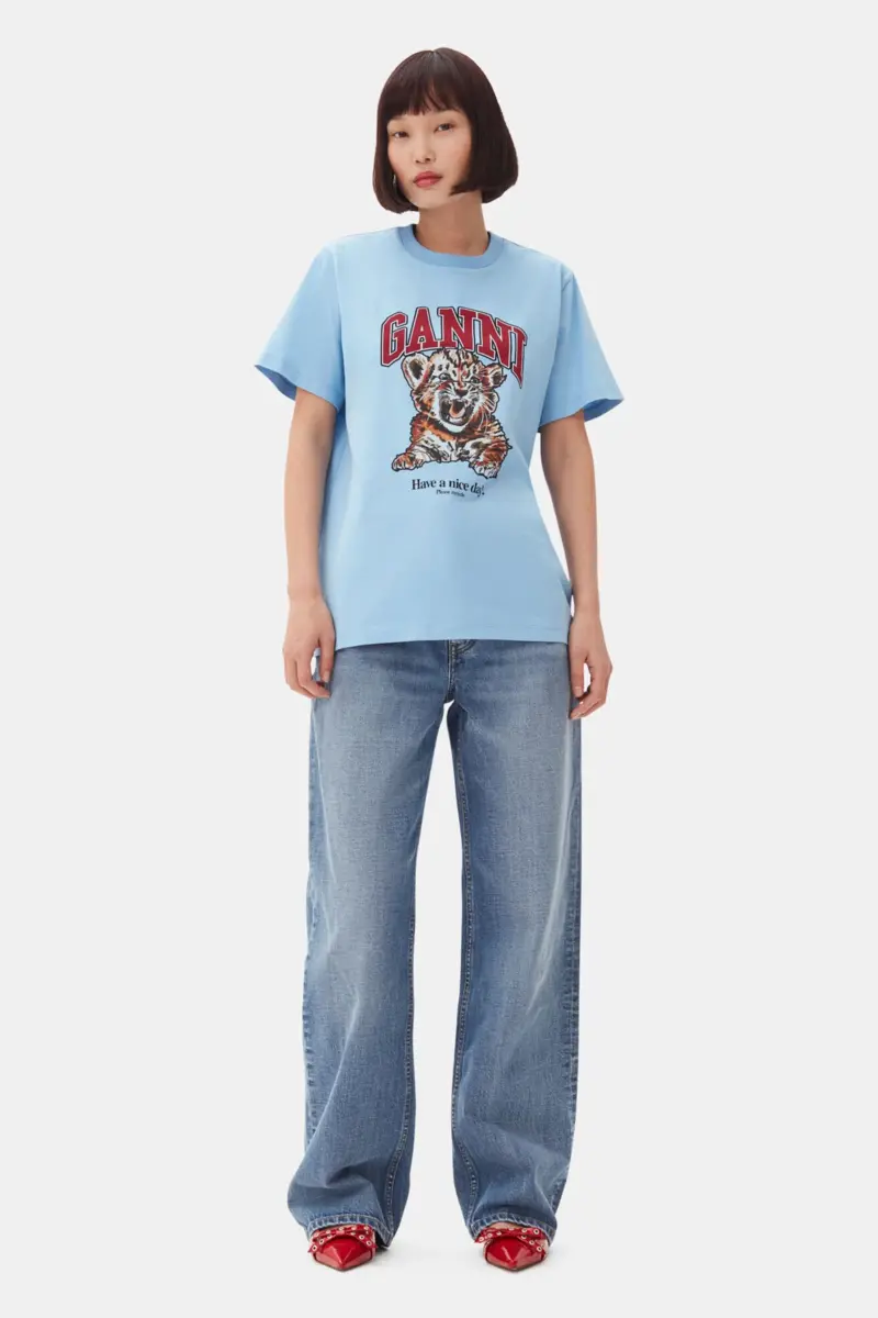 Blå avslappnad jersey-T-shirt med tigermönster