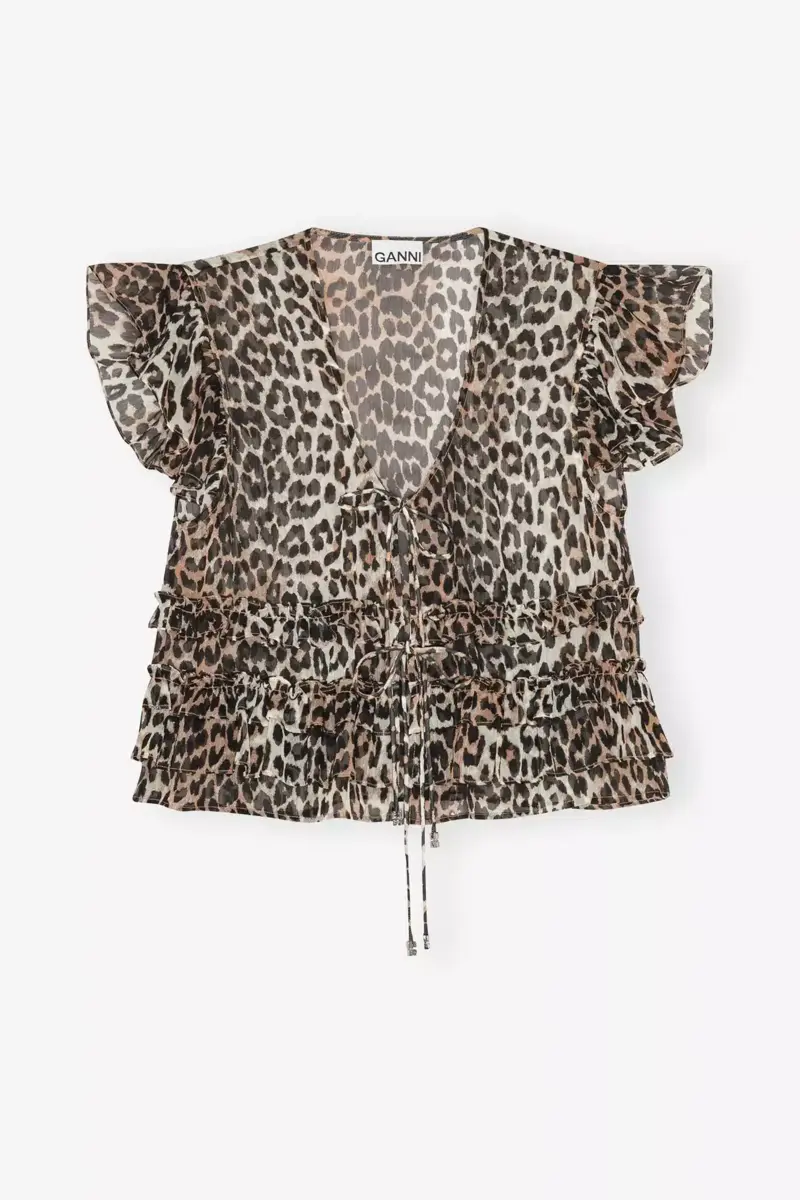 Blus i chiffong med leopardmönster och volanger