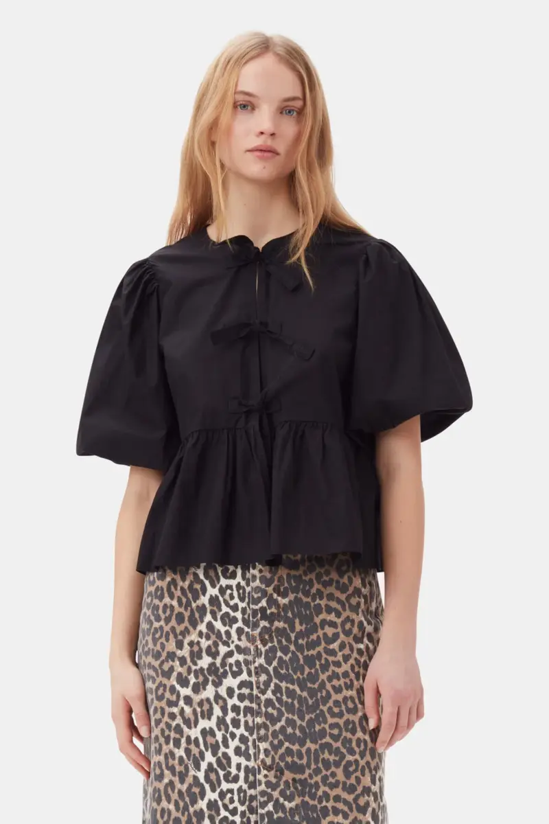 Bomullspoplinblus med peplum och knytband