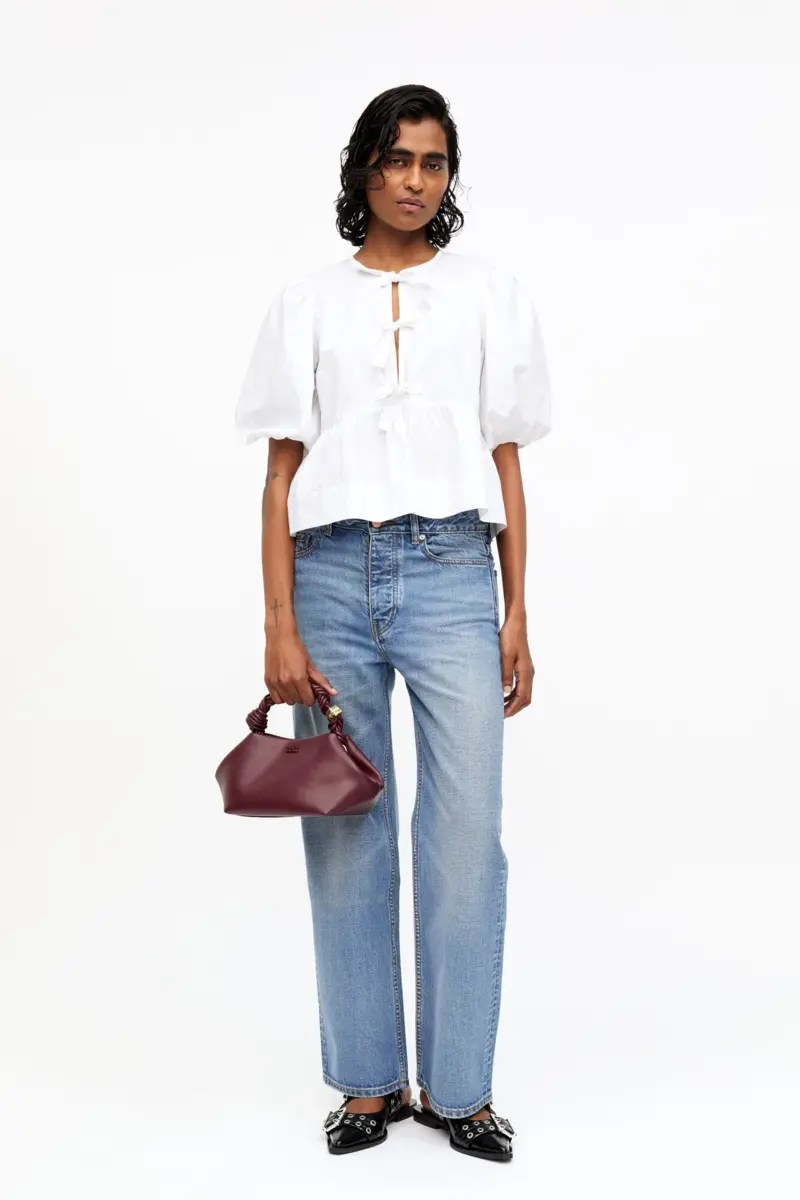 Bomullspoplinblus med peplum och knytband