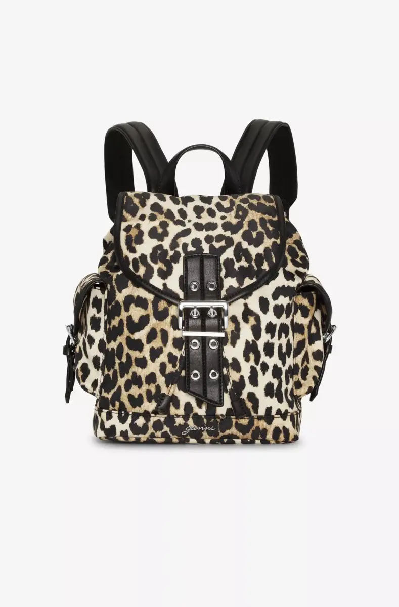 Liten ryggsäck i nylon med leopardmönster
