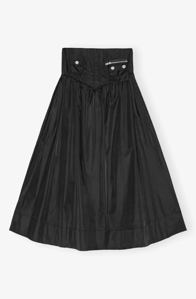 Lång kjol med fickor i svart duchesse-nylon Lång kjol med fickor i svart duchesse-nylon