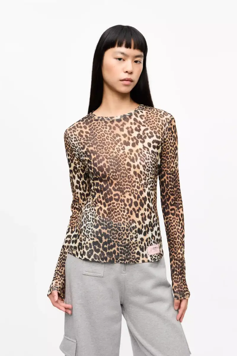 Långärmad blus i mesh med leopardmönster
