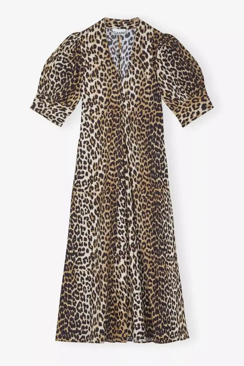 Maxiklänning i bomullspoplin med leopardmönster och V-ringning Maxiklänning i bomullspoplin med leopardmönster och V-ringning