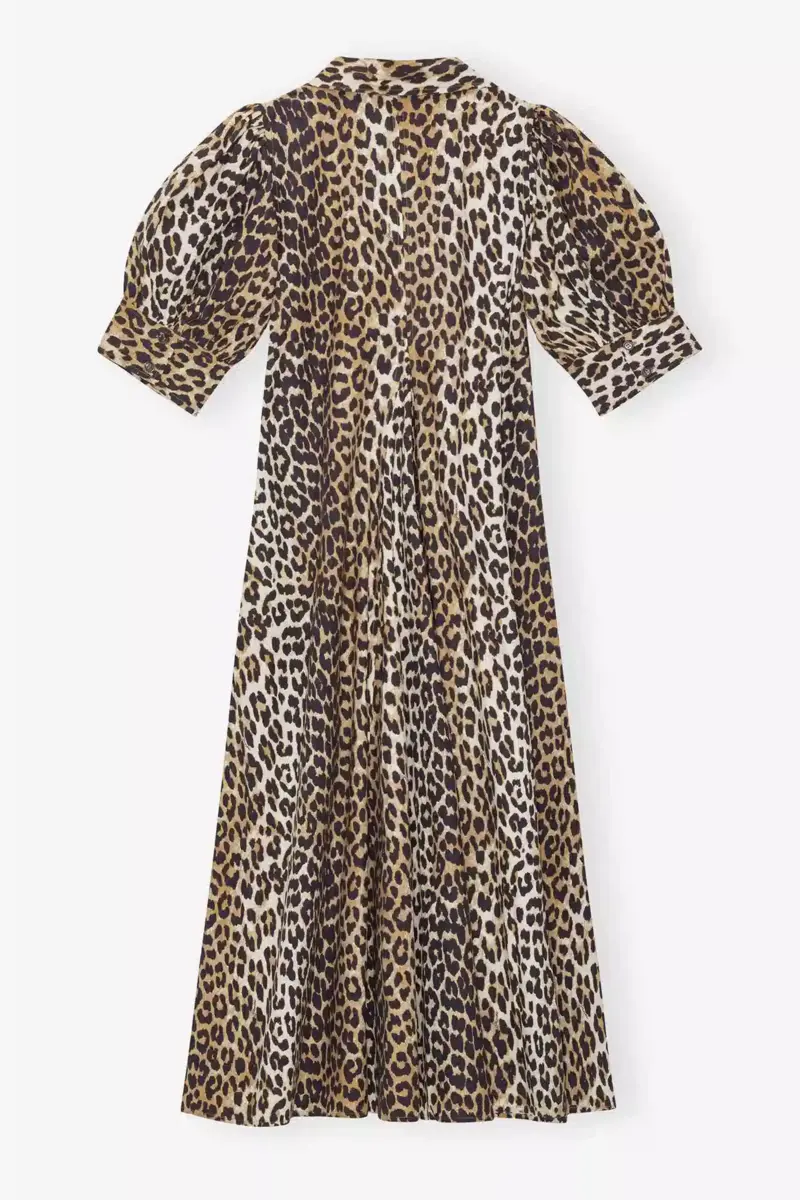 Maxiklänning i bomullspoplin med leopardmönster och V-ringning Maxiklänning i bomullspoplin med leopardmönster och V-ringning