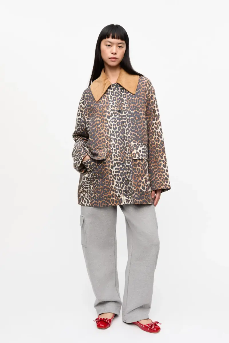 Midi-jacka i canvas med leopardtryck