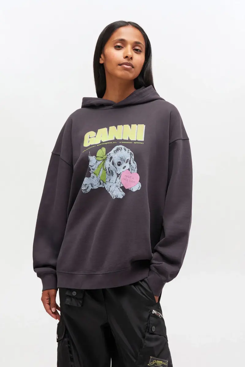 Mörkgrå hoodie med valpmotiv