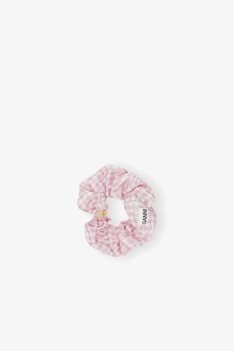 Rosa scrunchie i rutigt tyg