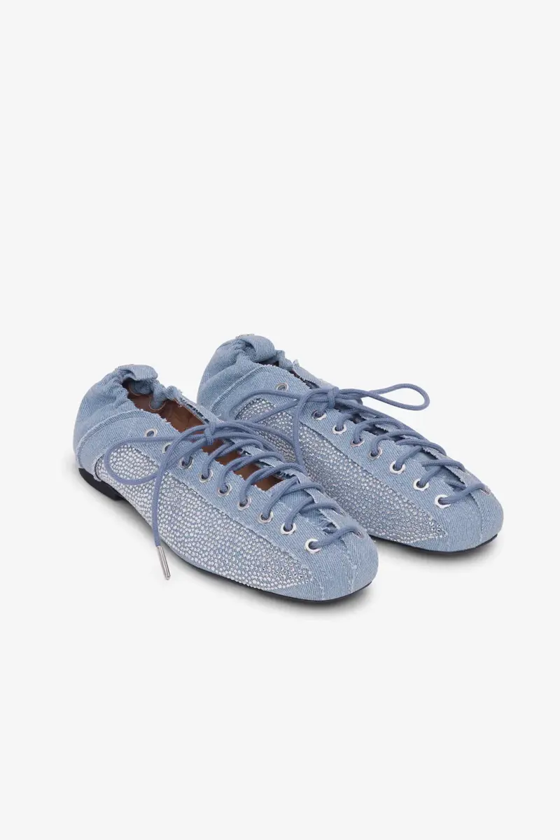 Snörningsballerinaskor i kristallprydd denim