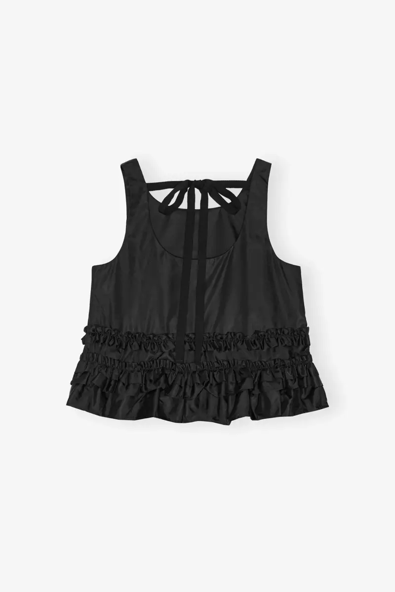 Svart topp i duchesse-nylon med volanger