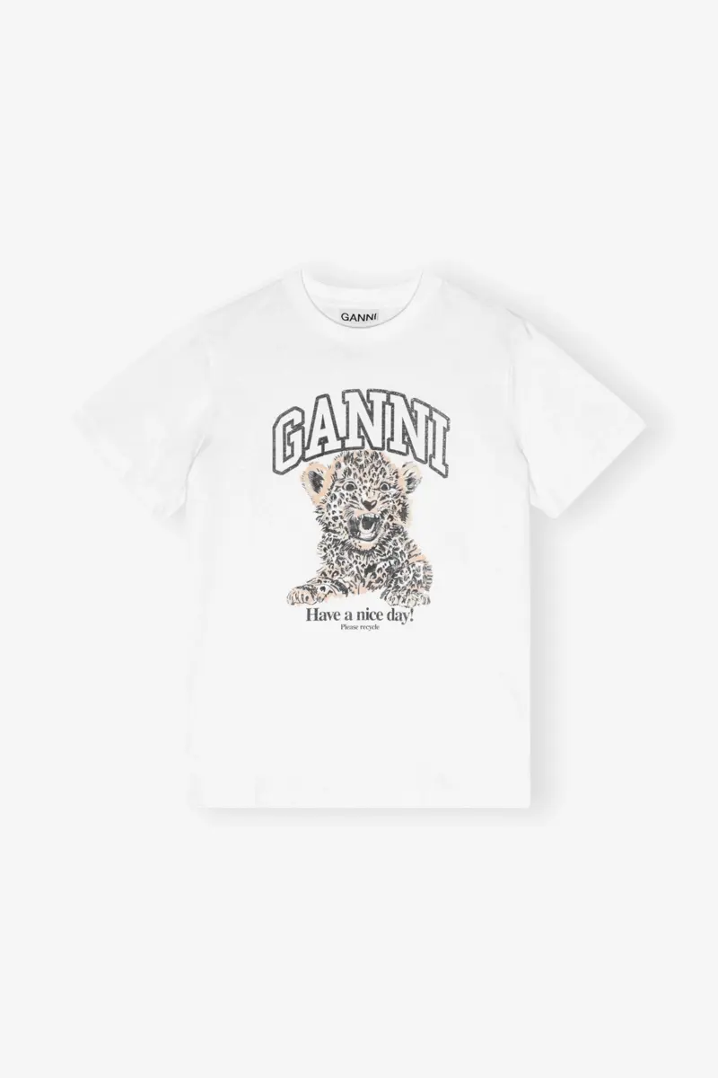 Vit, avslappnad T-shirt i basjersey med leopardmönster Vit, avslappnad T-shirt i basjersey med leopardmönster