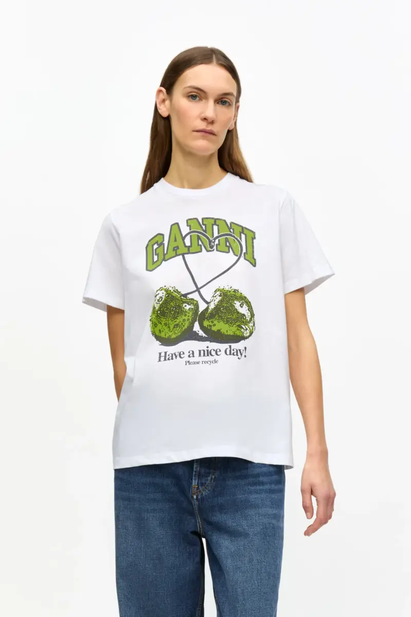 Vit basic jersey-T-shirt med körsbärsmönster