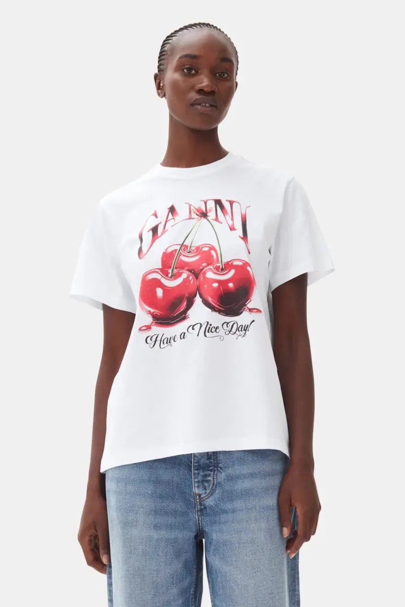 Vit basic jersey-T-shirt med körsbärsmönster