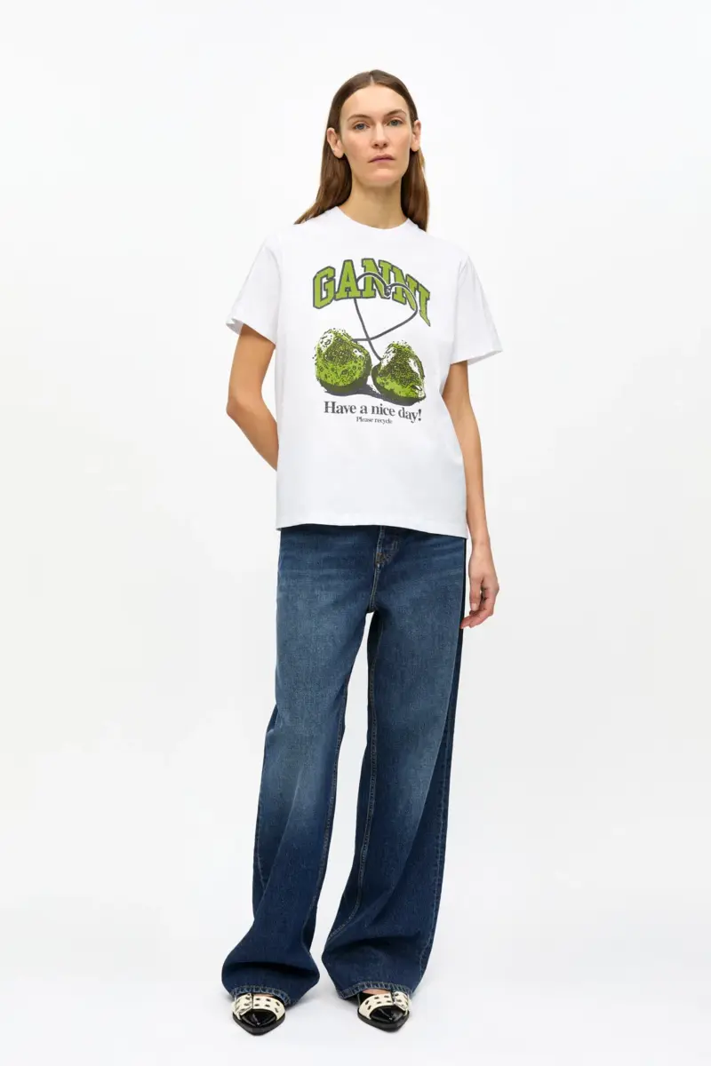Vit basic jersey-T-shirt med körsbärsmönster