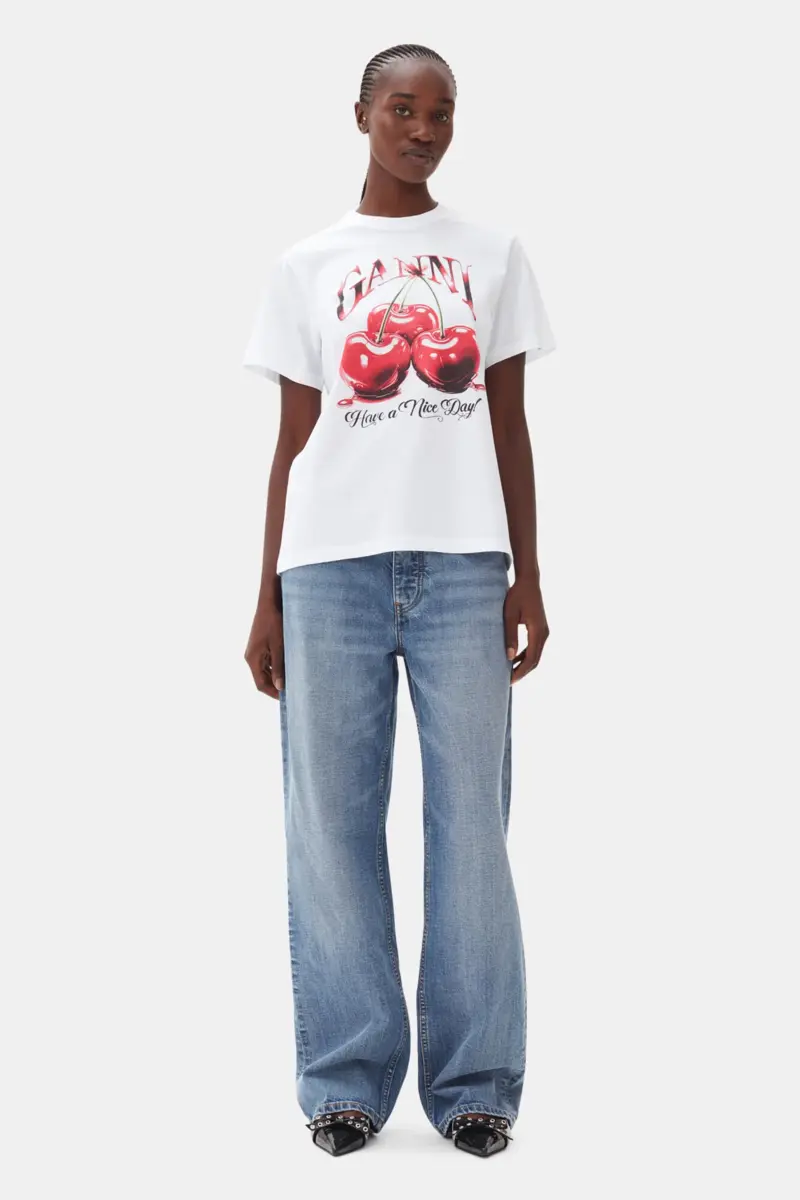 Vit basic jersey-T-shirt med körsbärsmönster